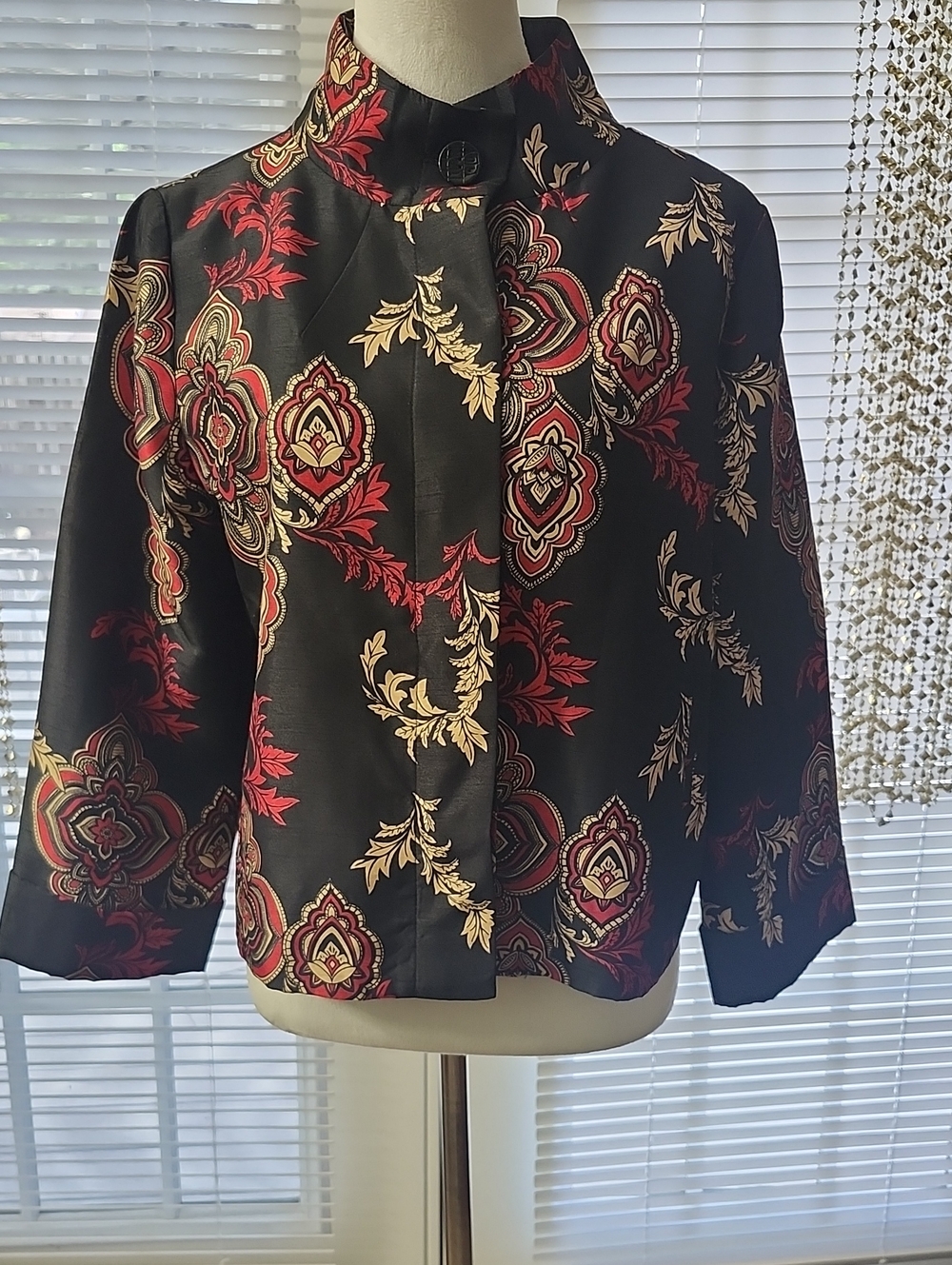 Chico's Black Jacket with Red and Gold Floral Motifs